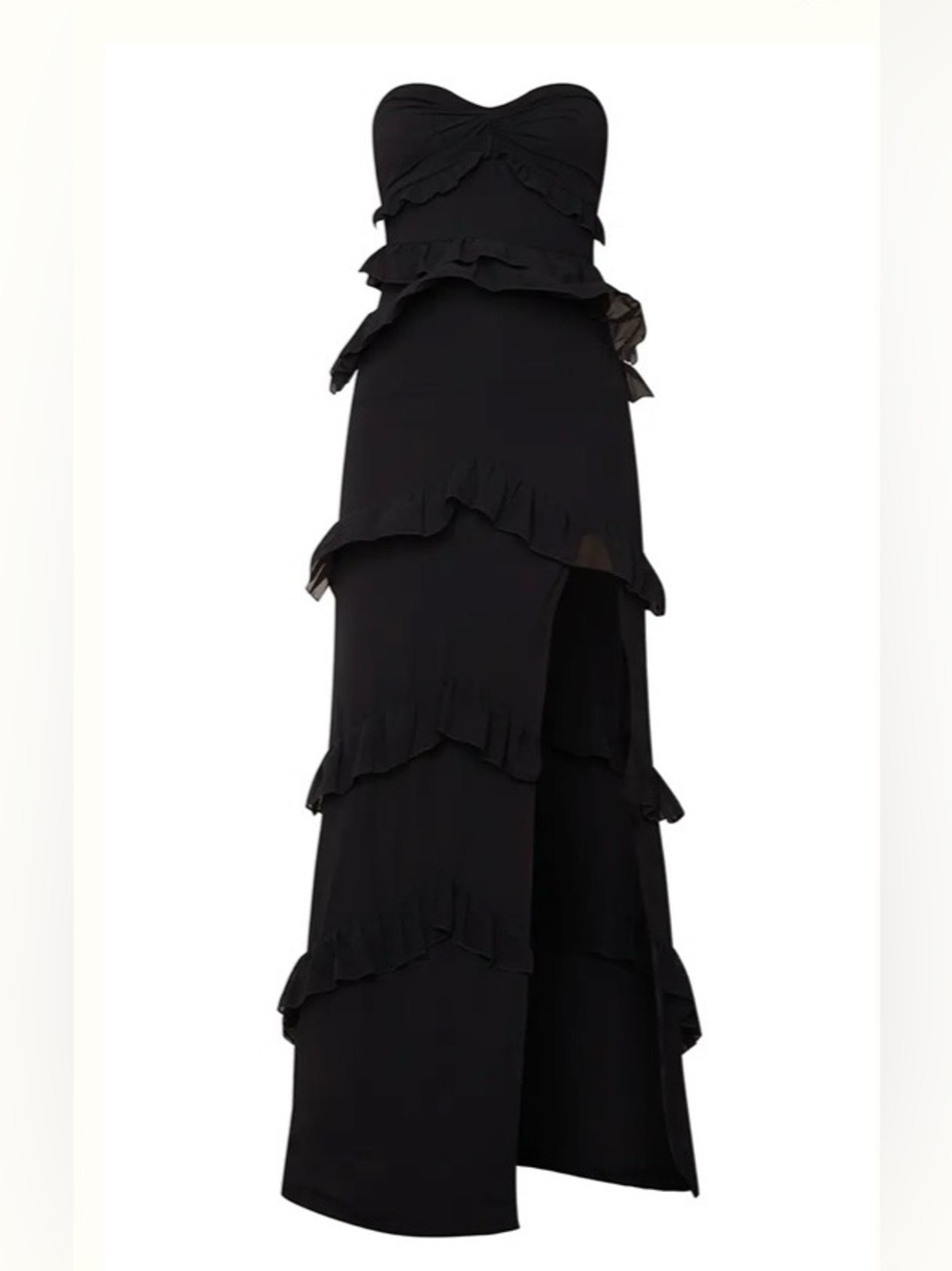 BLACK TWIST BANDEAU TIERED MAXI DRESS
Size 0 PRETTY LITTLE THING High Slit